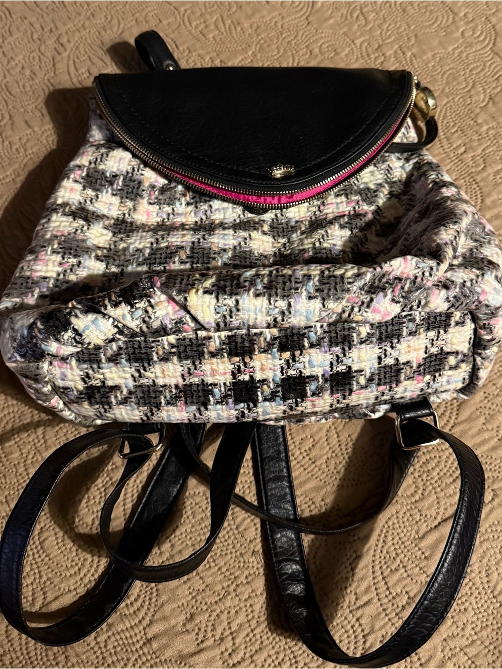 Juicy Couture Plaid Tweed Mini Backpack Purse - Black & White